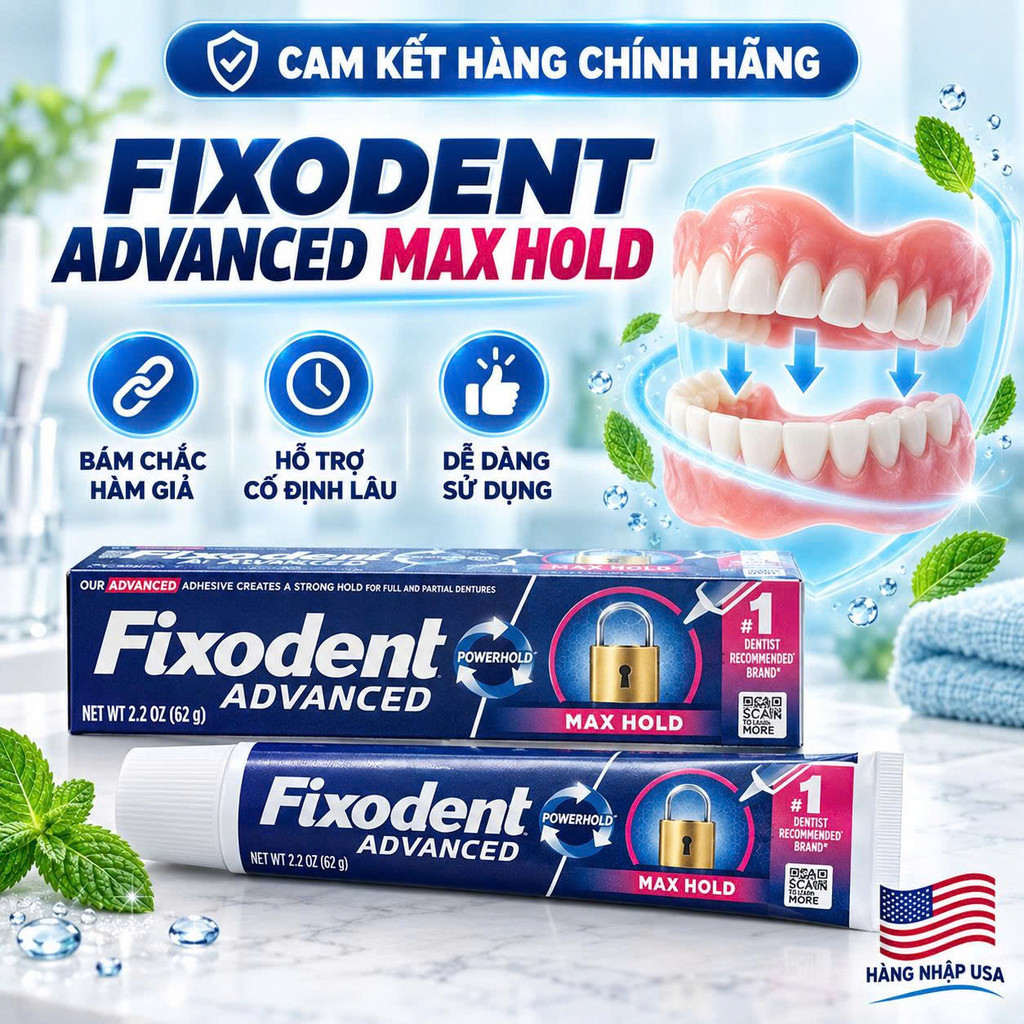 [HÀNG MỸ] Keo Dán Hàm Giả Fixodent Complete Advanced Max Hold Cố Định Chắc Chắn (Tuýp 62g)