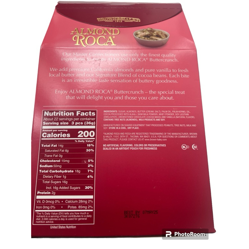 KẸO SOCOLA BƠ ĐƯỜNG HẠT HẠNH NHÂN BROWN & HALEY ALMOND ROCA HỘP LỚN 793G CỦA MỸ
