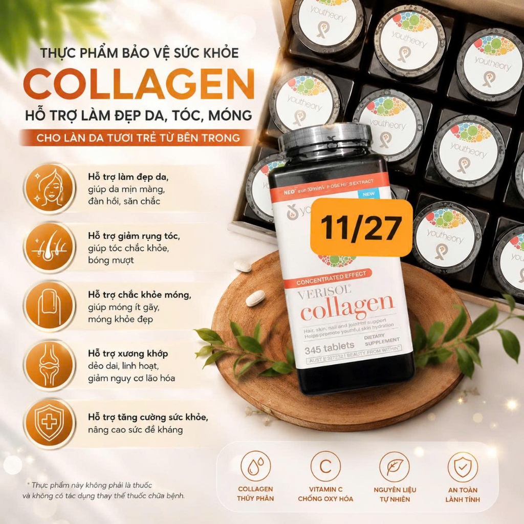 VIÊN UỐNG YOUTHEORY VERISOL COLLAGEN CONCENTRATED EFFECT 345 VIÊN CỦA MỸ – NÂNG TẦM LÀN DA, ĐẨY LÙI LÃO HÓA
