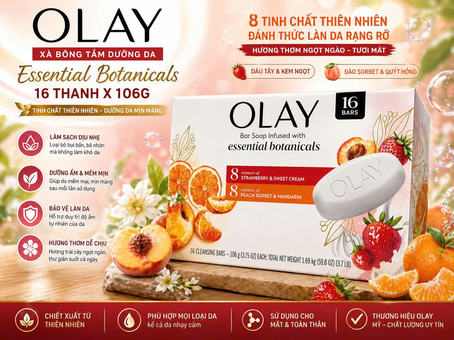 Set 16 Bánh Xà Phòng Olay Essential Botanicals – Dưỡng Ẩm Chuyên Sâu, Hương Trái Cây Tươi Mát (Hàng Mỹ)
