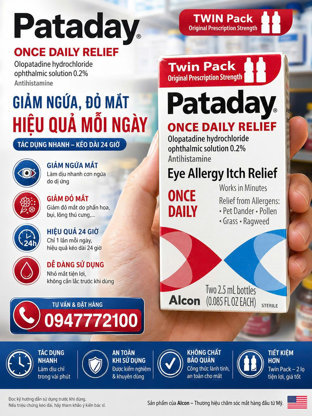 Thuốc Nhỏ Mắt Trị Ngứa Do Dị Ứng Pataday Once Daily Relief – Hiệu Quả Suốt 24 Giờ (Twin Pack)