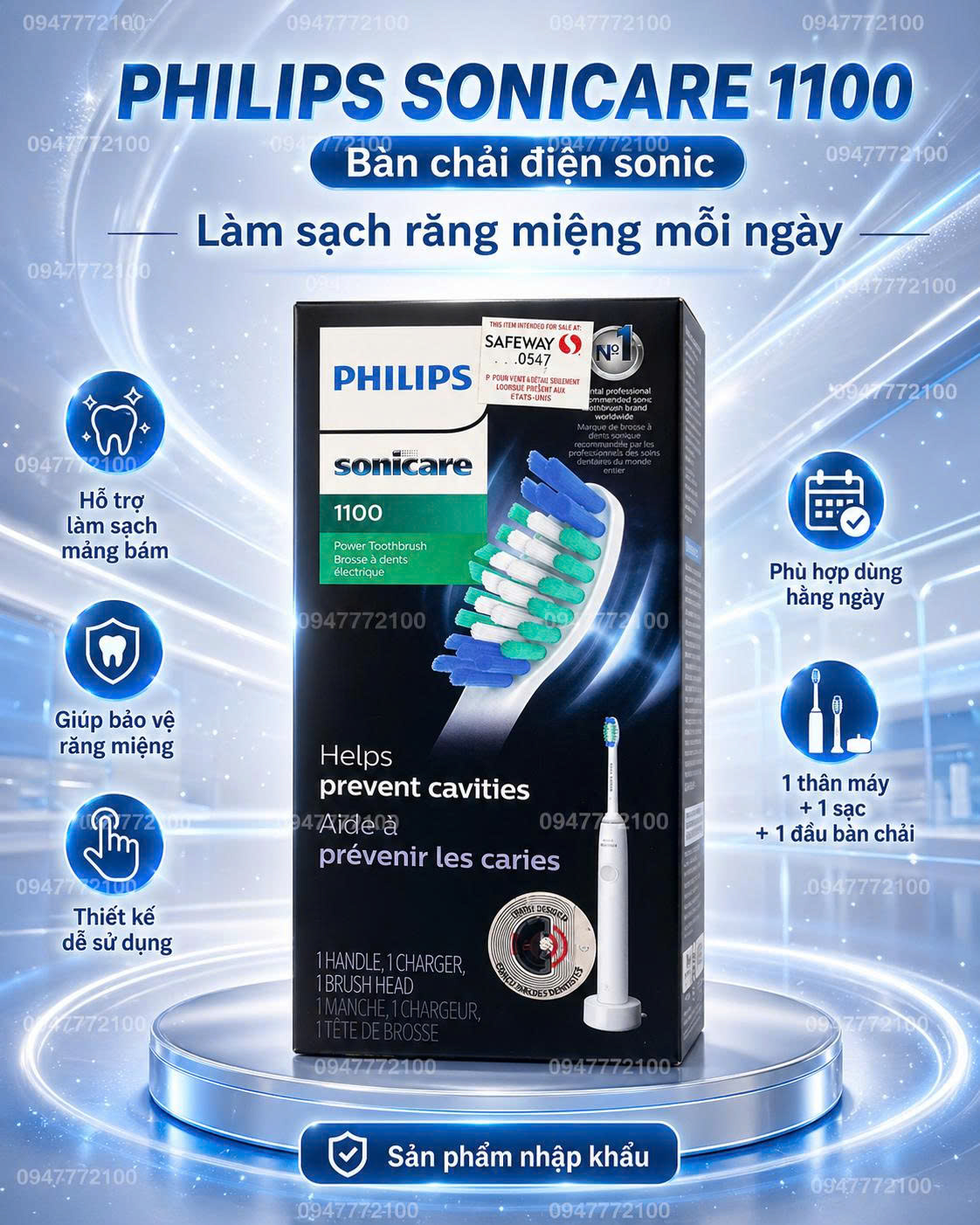 Bàn Chải Điện Philips Sonicare 1100 – Giải Pháp Làm Sạch Hiệu Quả & Dịu Nhẹ Cho Người Mới Bắt Đầu (Hàng Mỹ)