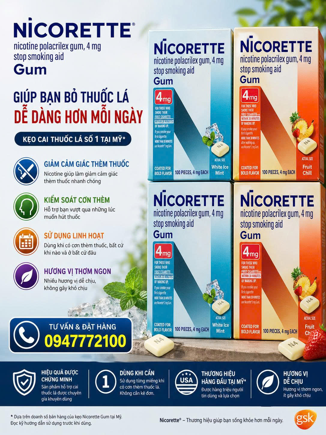 Kẹo Nhai Cai Thuốc Lá Nicorette Gum 4mg – Giải Pháp Từ Bỏ Thuốc Lá Hiệu Quả Từ Mỹ
