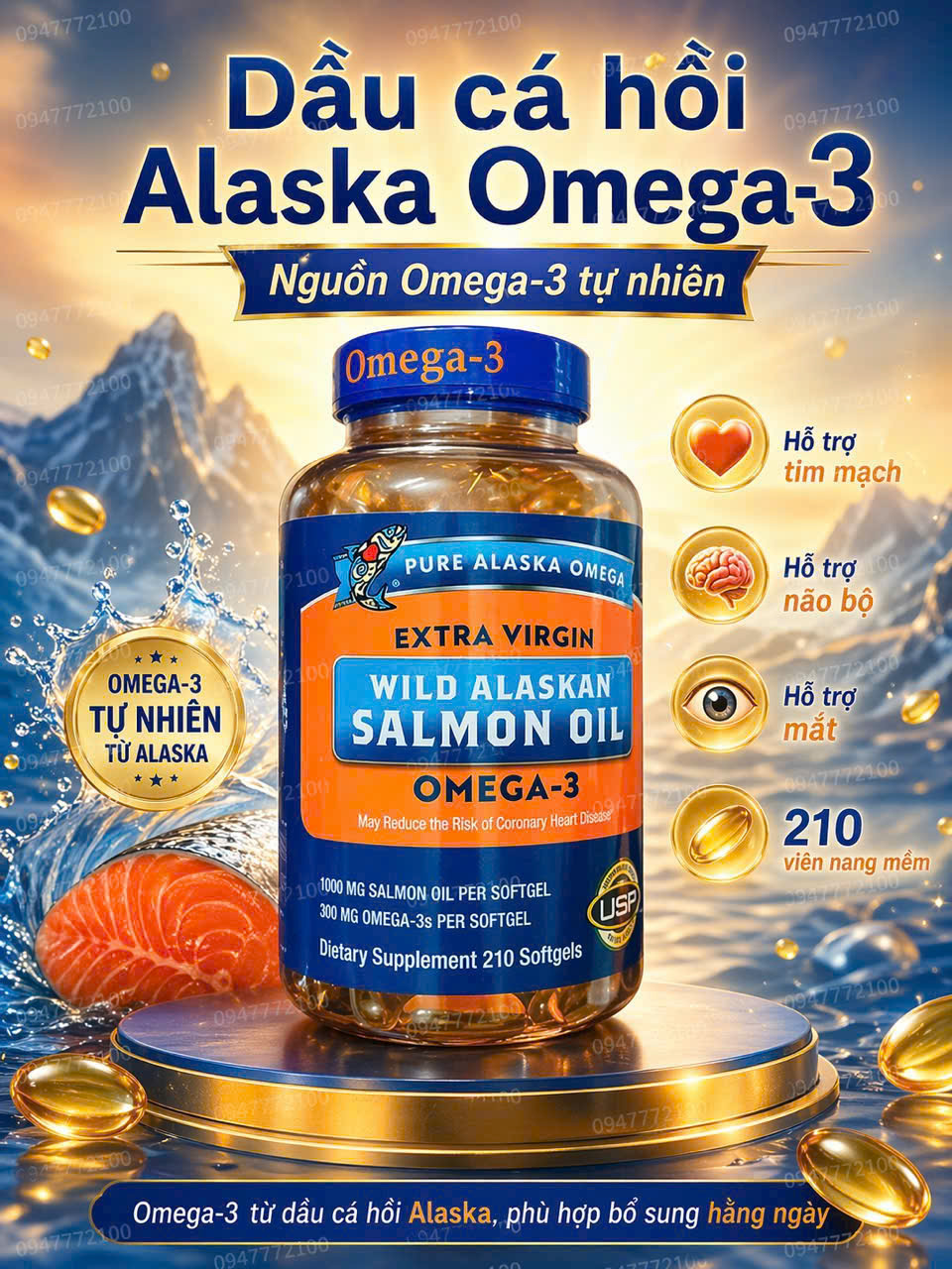Dầu Cá Hồi Tự Nhiên Pure Alaska Omega Wild Alaskan Salmon Oil 1000mg (Hộp 210 Viên)