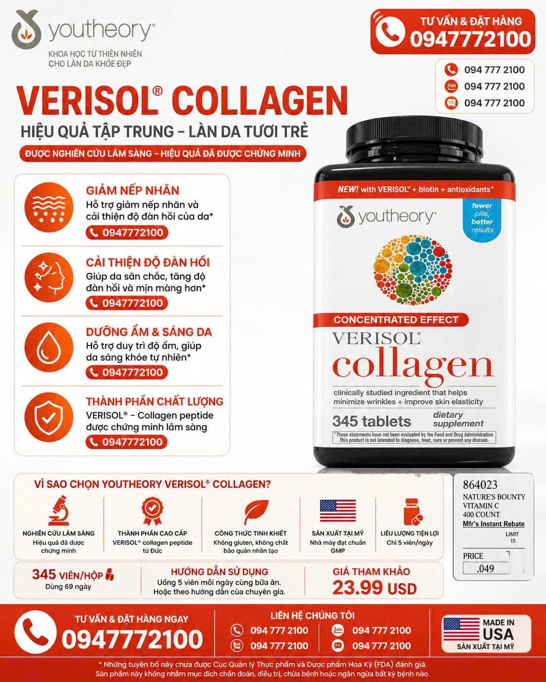 Youtheory Verisol Collagen – Bí Quyết Trẻ Hóa Làn Da, Mờ Nếp Nhăn Từ Mỹ (Hộp 345 Viên)