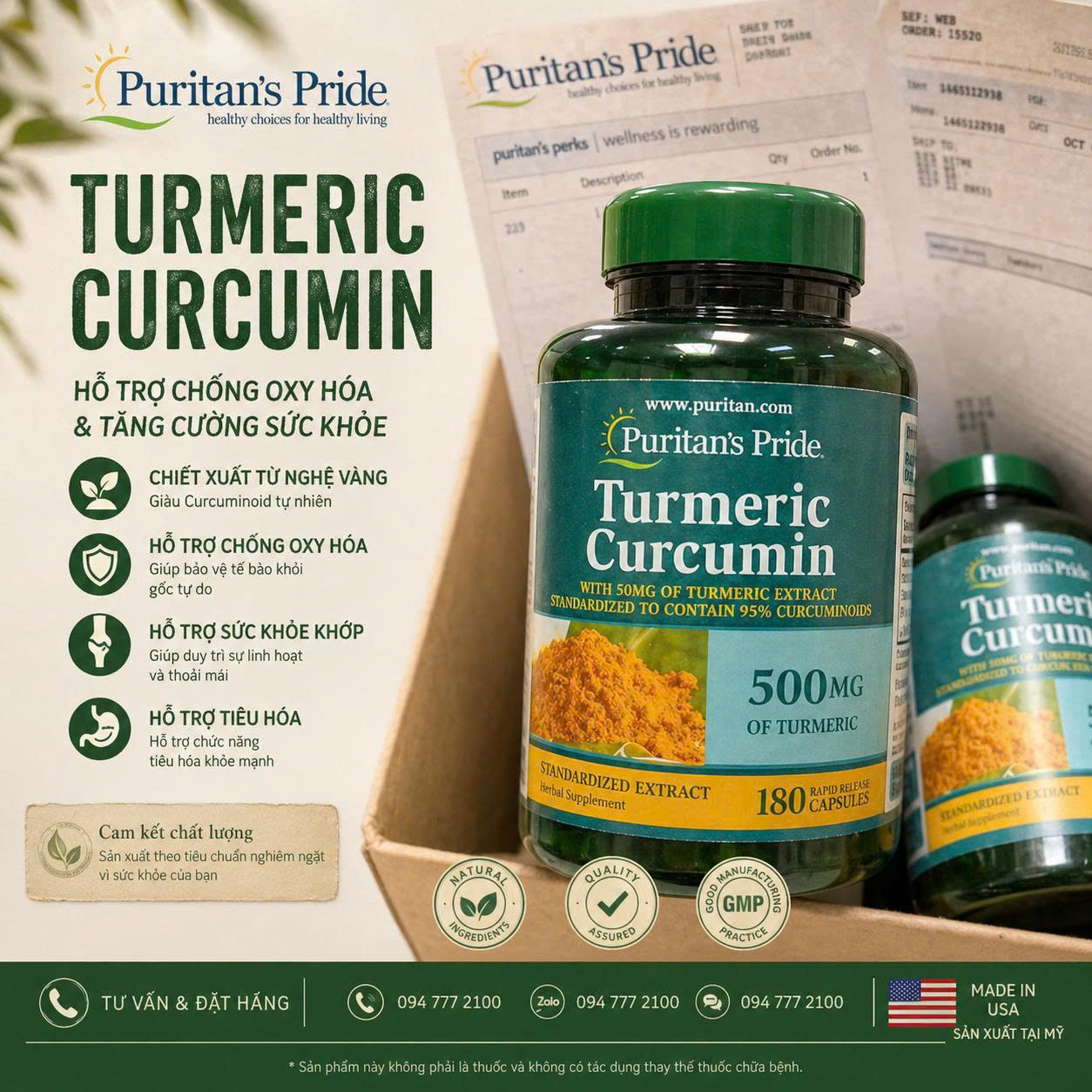 VIÊN UỐNG TINH CHẤT NGHỆ PURITAN'S PRIDE TURMERIC CURCUMIN 500MG 180 VIÊN CỦA MỸ