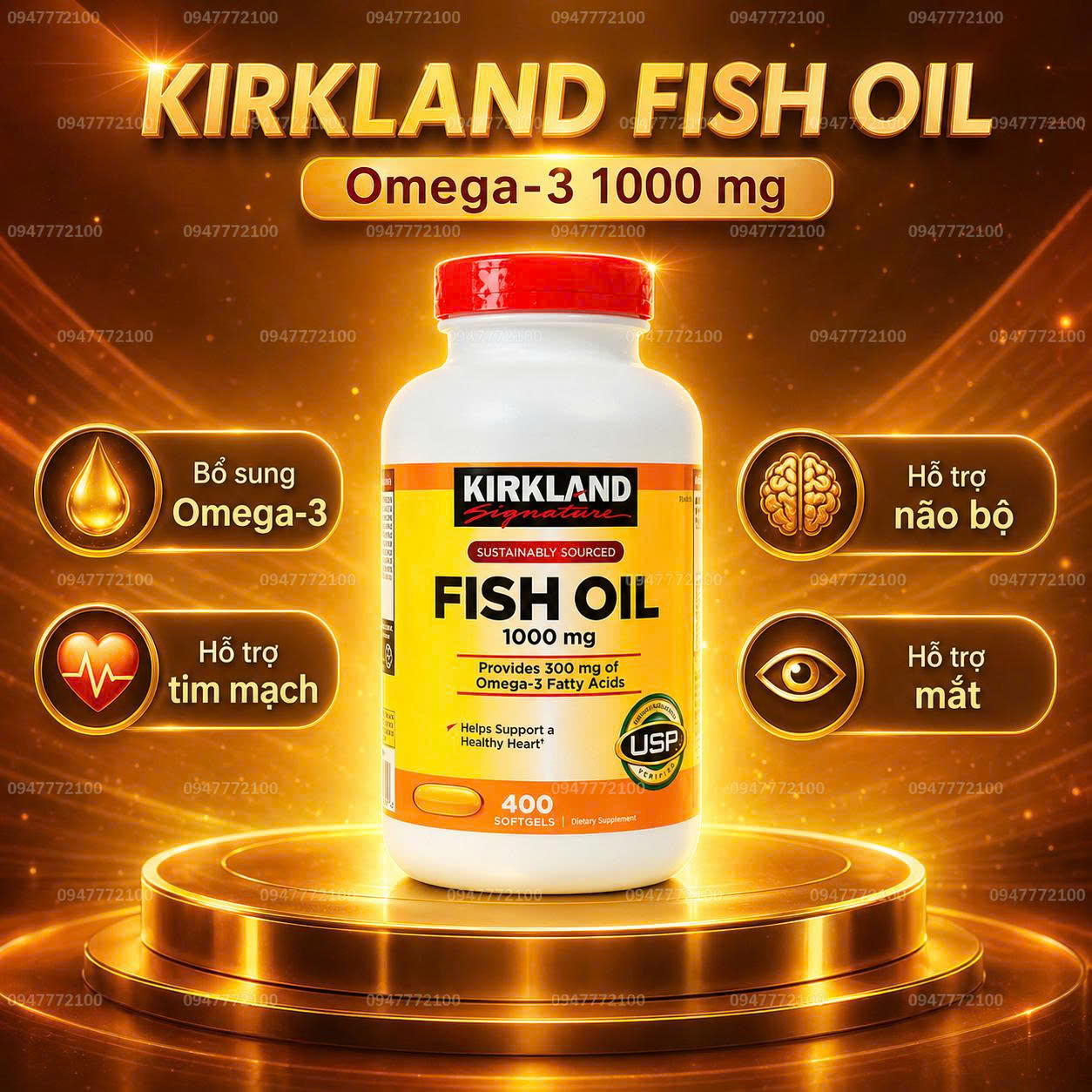 Dầu Cá Kirkland Signature Fish Oil 1000mg – Chăm Sóc Toàn Diện Cho Tim, Mắt Và Trí Não (400 Viên)