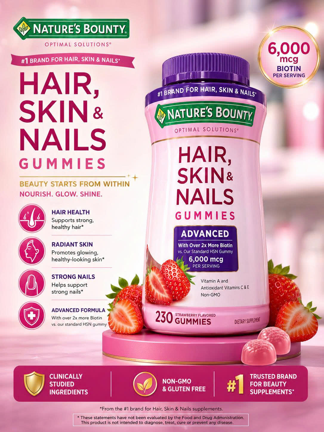 Kẹo Dẻo Đẹp Da, Tóc & Móng Nature's Bounty Hair, Skin & Nails Advanced – Gấp Đôi Biotin 6,000 mcg (Hộp 230 Viên)