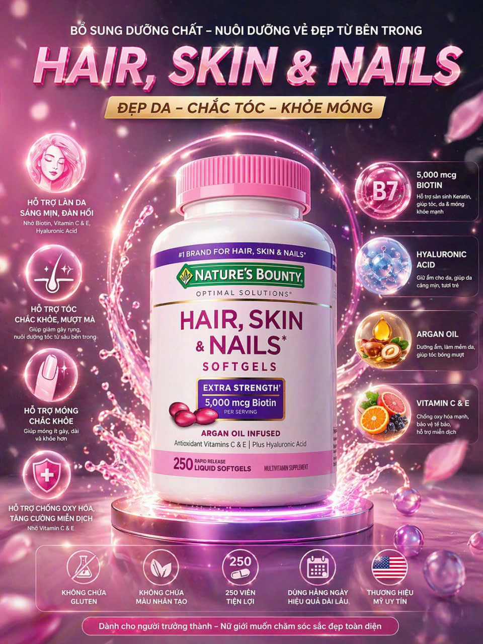 Viên Uống Đẹp Da, Tóc & Móng Nature's Bounty Extra Strength – Công Thức Argan Oil & Hyaluronic Acid (250 Viên)