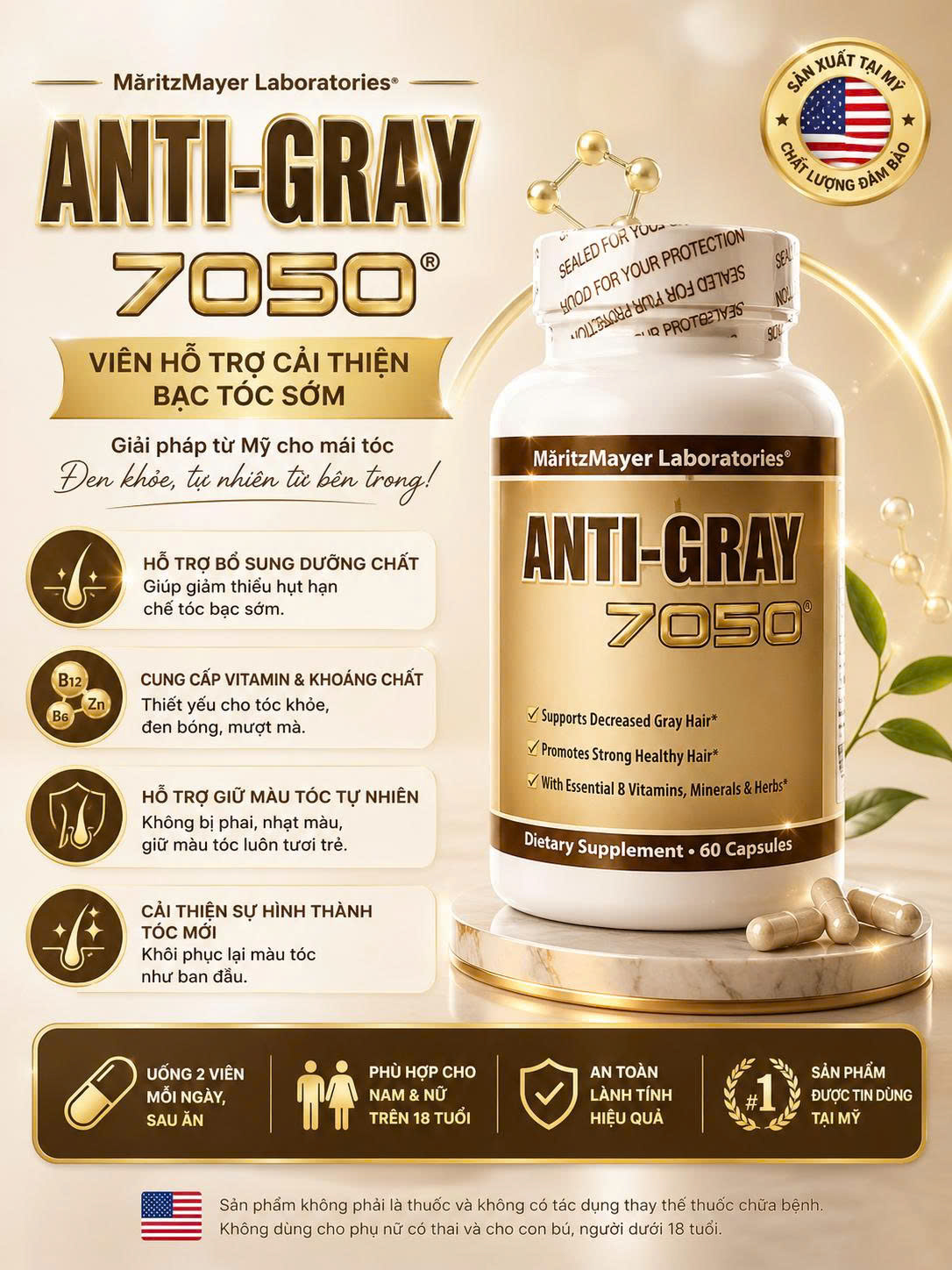 [CHÍNH HÃNG MỸ] Viên Uống Hỗ Trợ Cải Thiện Bạc Tóc Sớm Anti-Gray 7050