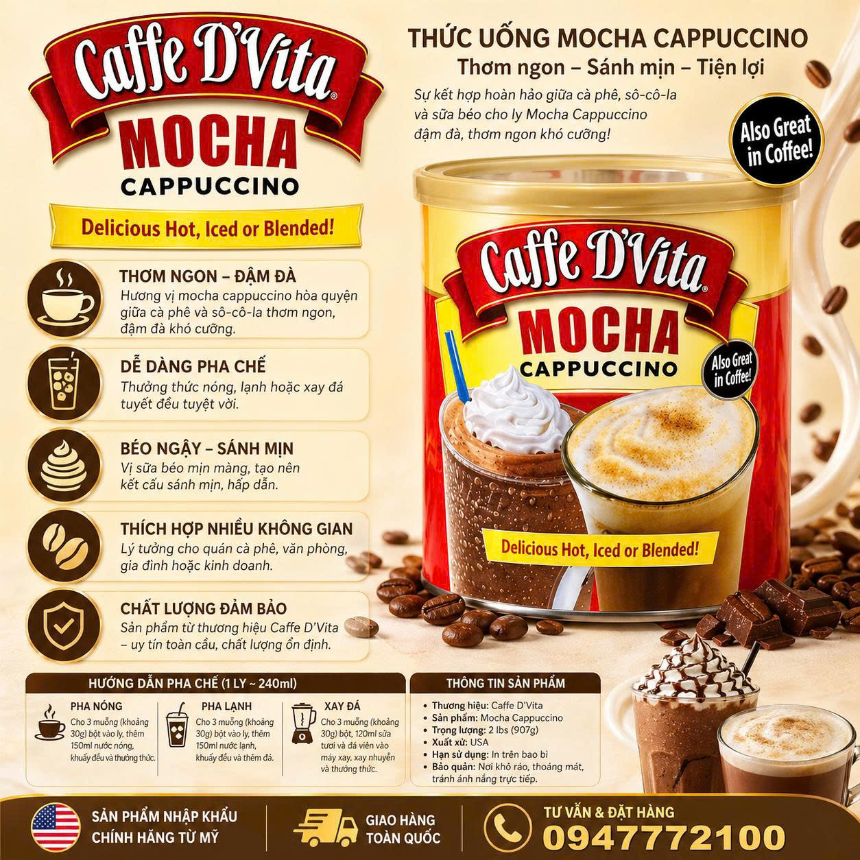 Bột Pha Caffe D'Vita Mocha Cappuccino – Hương Vị Cà Phê Ý Đẳng Cấp Từ Mỹ (Hộp 1.36kg)