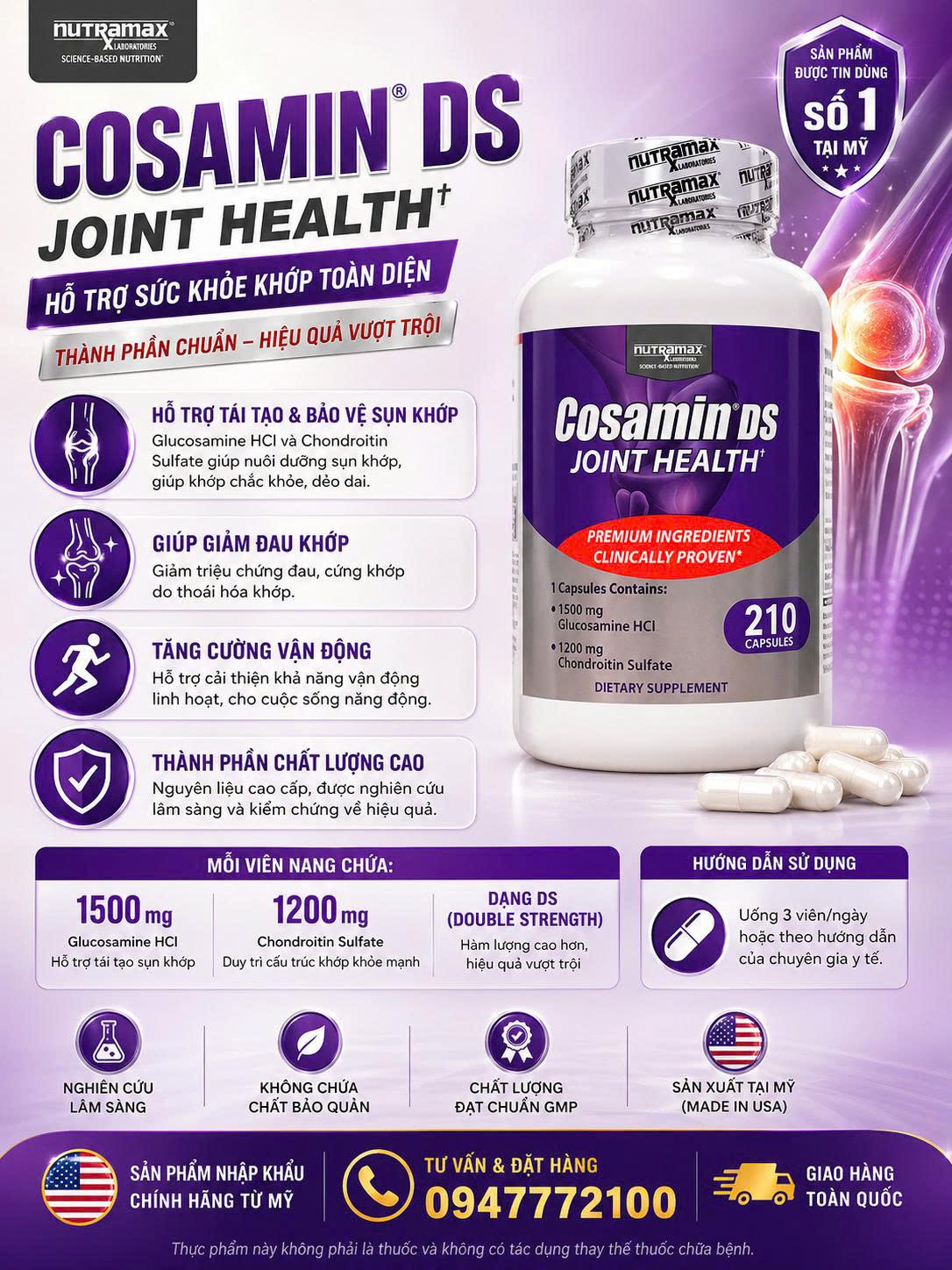 Hàng MỸ Viên tái tạo sụn khớp Cosamin DS 230 viên- 210 viên For Joint Health