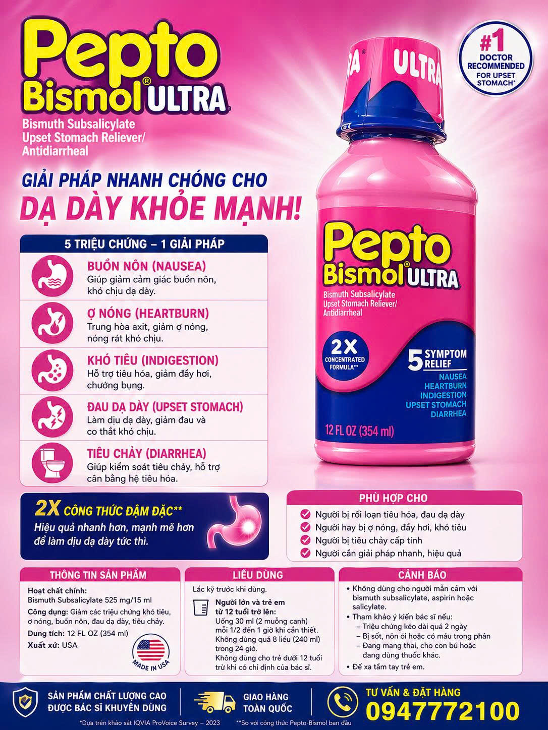 Siro Pepto Bismol Ultra – Công Thức Đậm Đặc Gấp 2 Lần, Làm Dịu Dạ Dày Tức Thì (Chai 354ml)