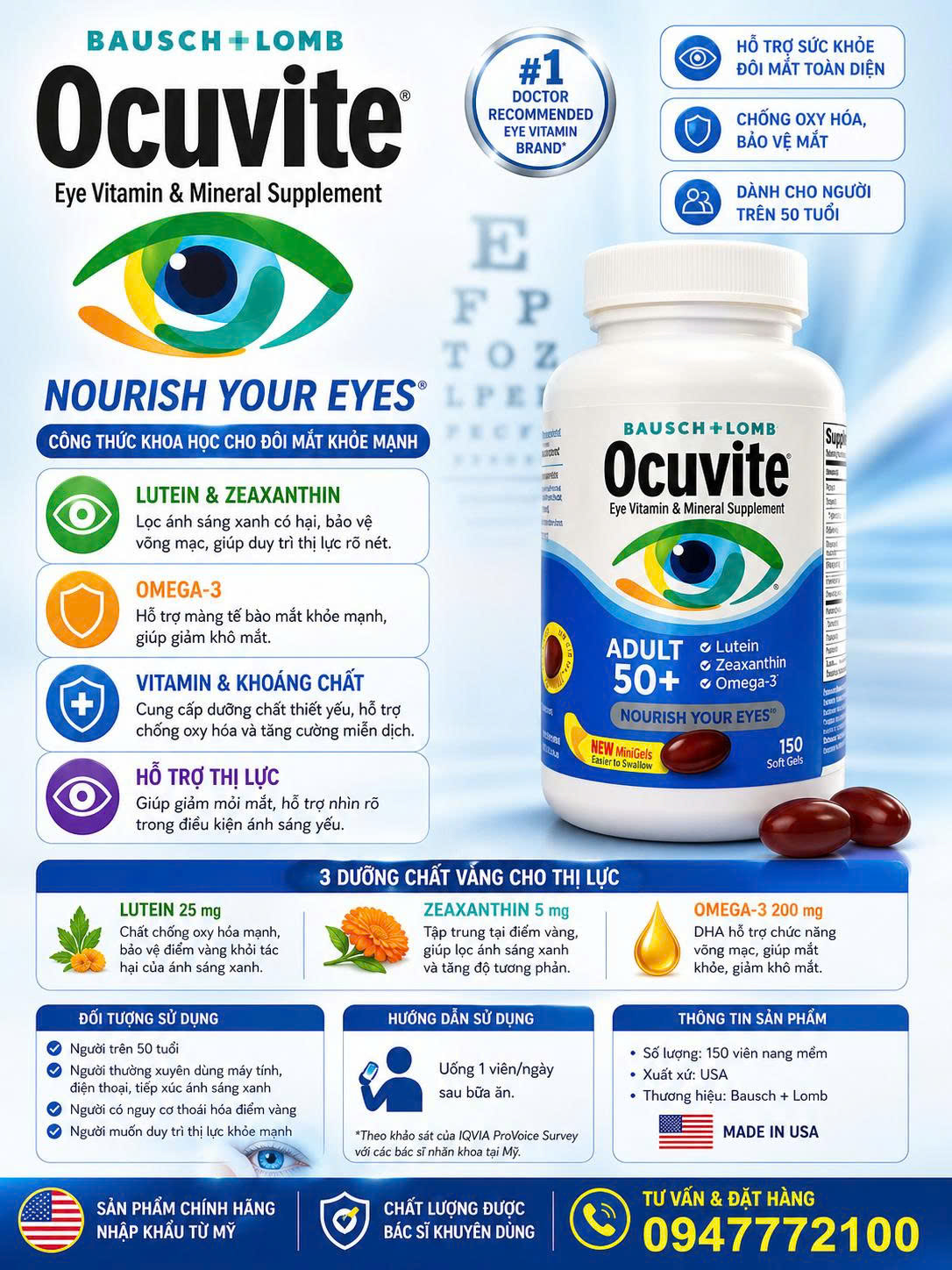 Viên Uống Bổ Mắt Ocuvite Adult 50+ – Giải Pháp Bảo Vệ Thị Lực Toàn Diện Cho Người Lớn Tuổi (150 Viên)