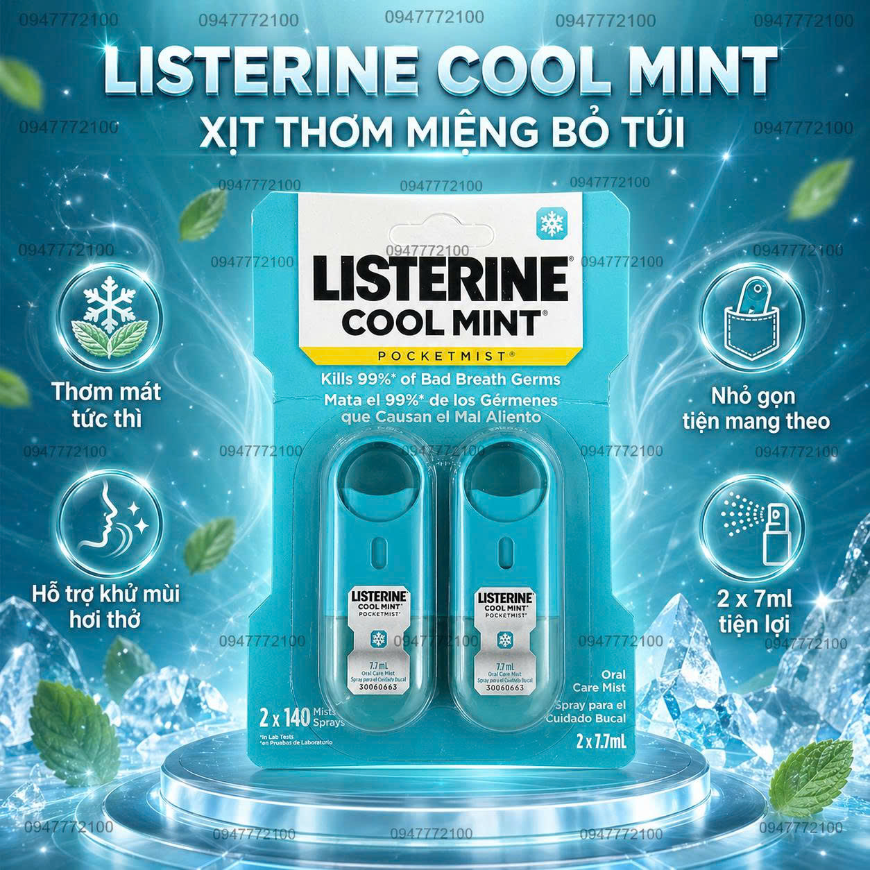 Xịt Thơm Miệng Listerine Cool Mint Pocketmist - Hơi Thở Thơm Mát Tức Thì (Vỉ 2 Chai)
