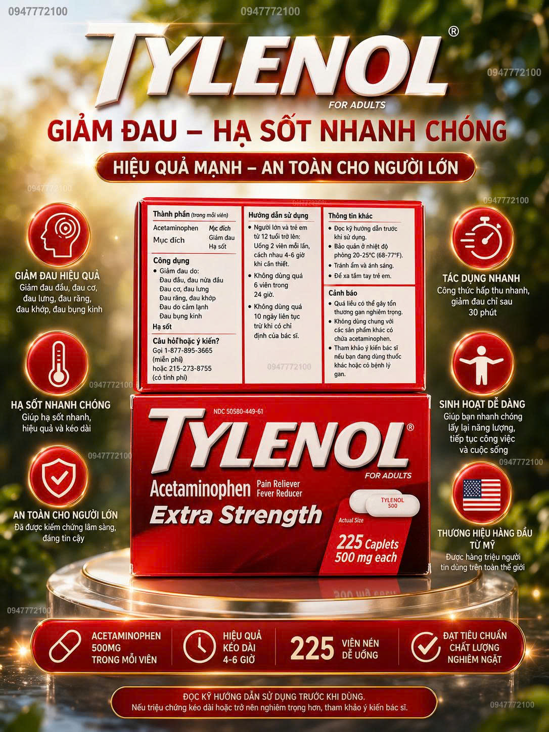 Viên Giảm Đau & Hạ Sốt Tylenol Extra Strength 500mg - Giải Pháp Tin Cậy Cho Gia Đình (225 Viên)
