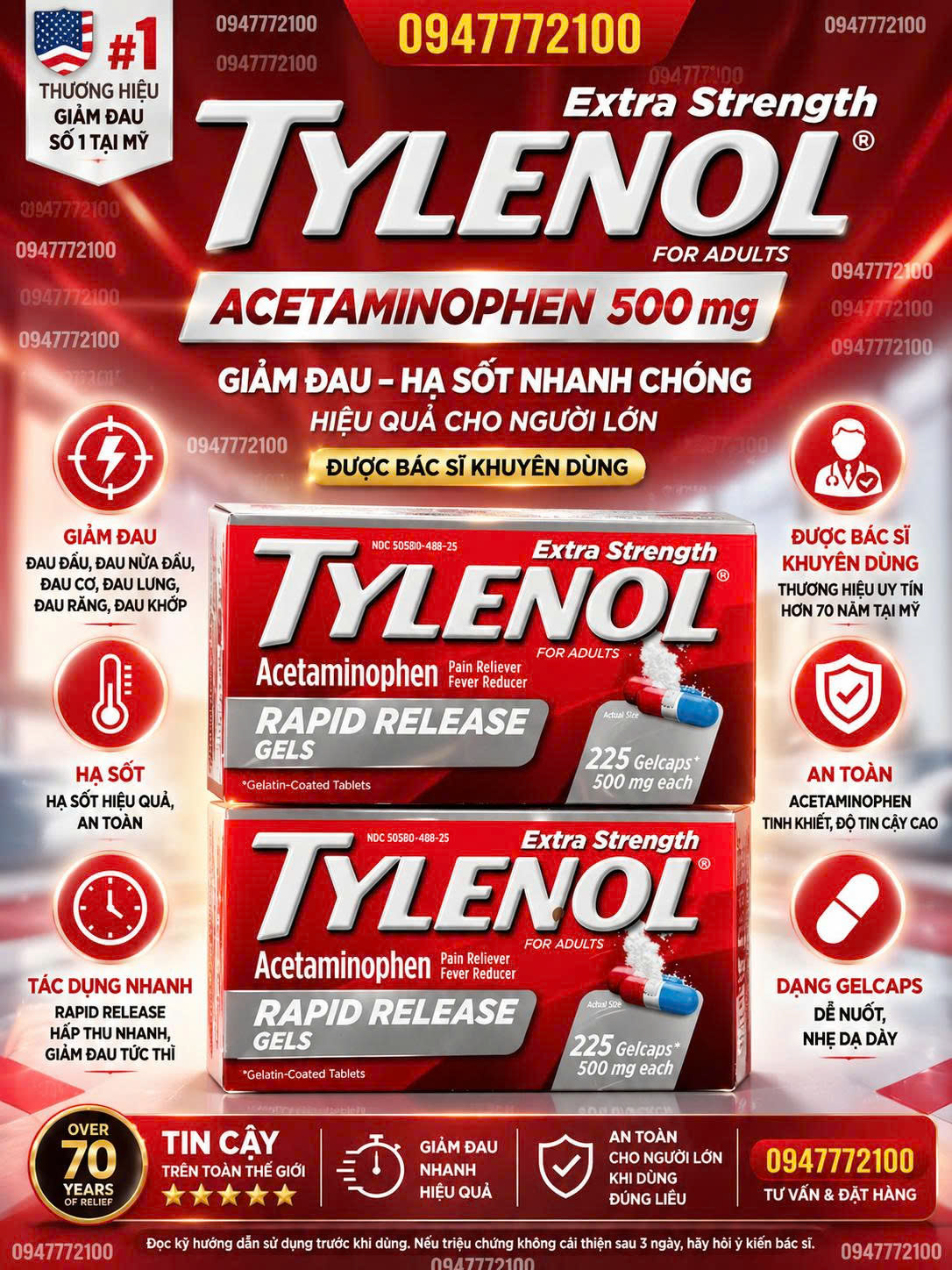 Viên Hạ Sốt & Giảm Đau Cấp Tốc Tylenol Extra Strength Rapid Release Gels (225 Viên)