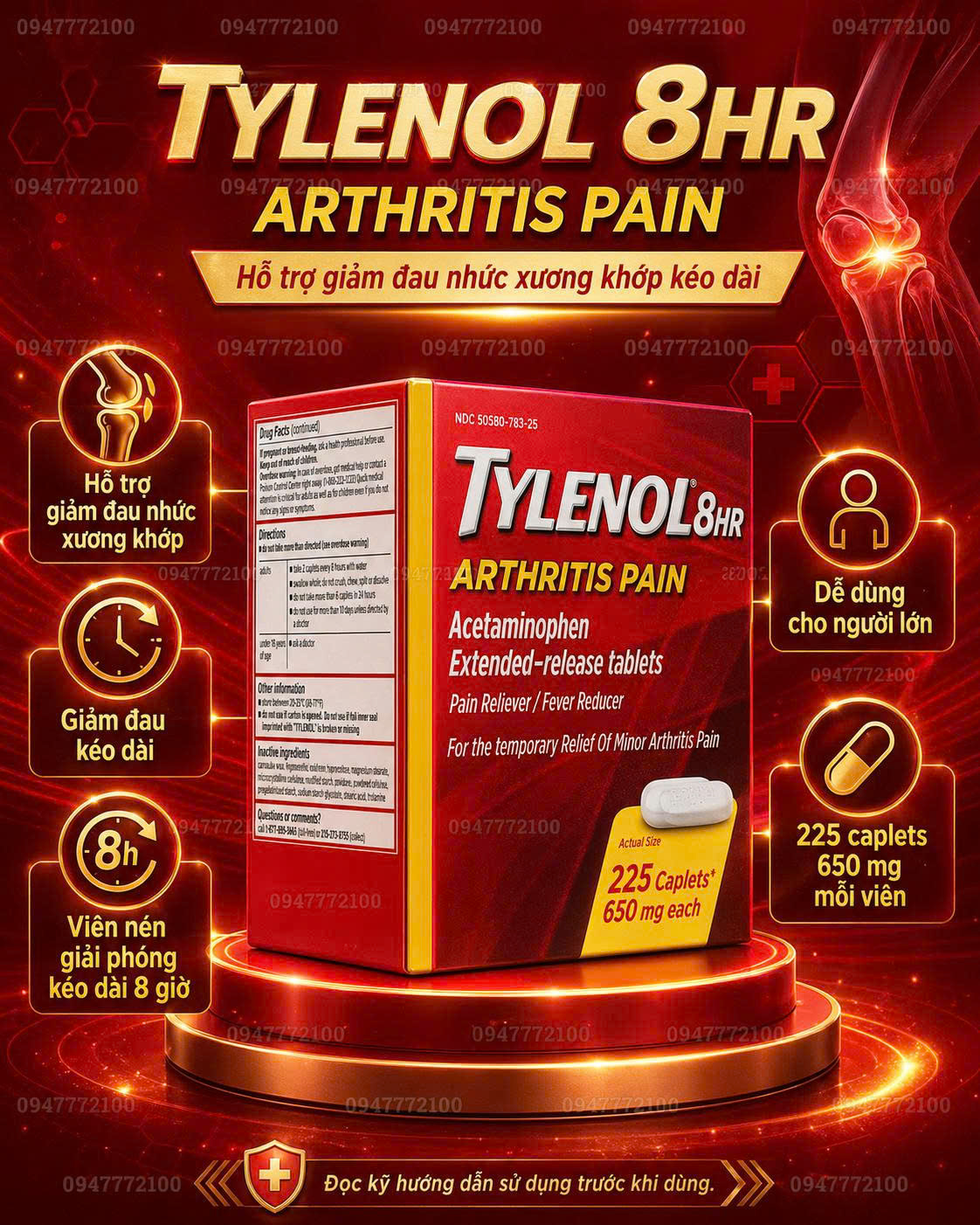 Viên Giảm Đau Khớp Tylenol 8HR Arthritis Pain 650mg - Hiệu Quả Kéo Dài Suốt 8 Giờ (225 Viên)