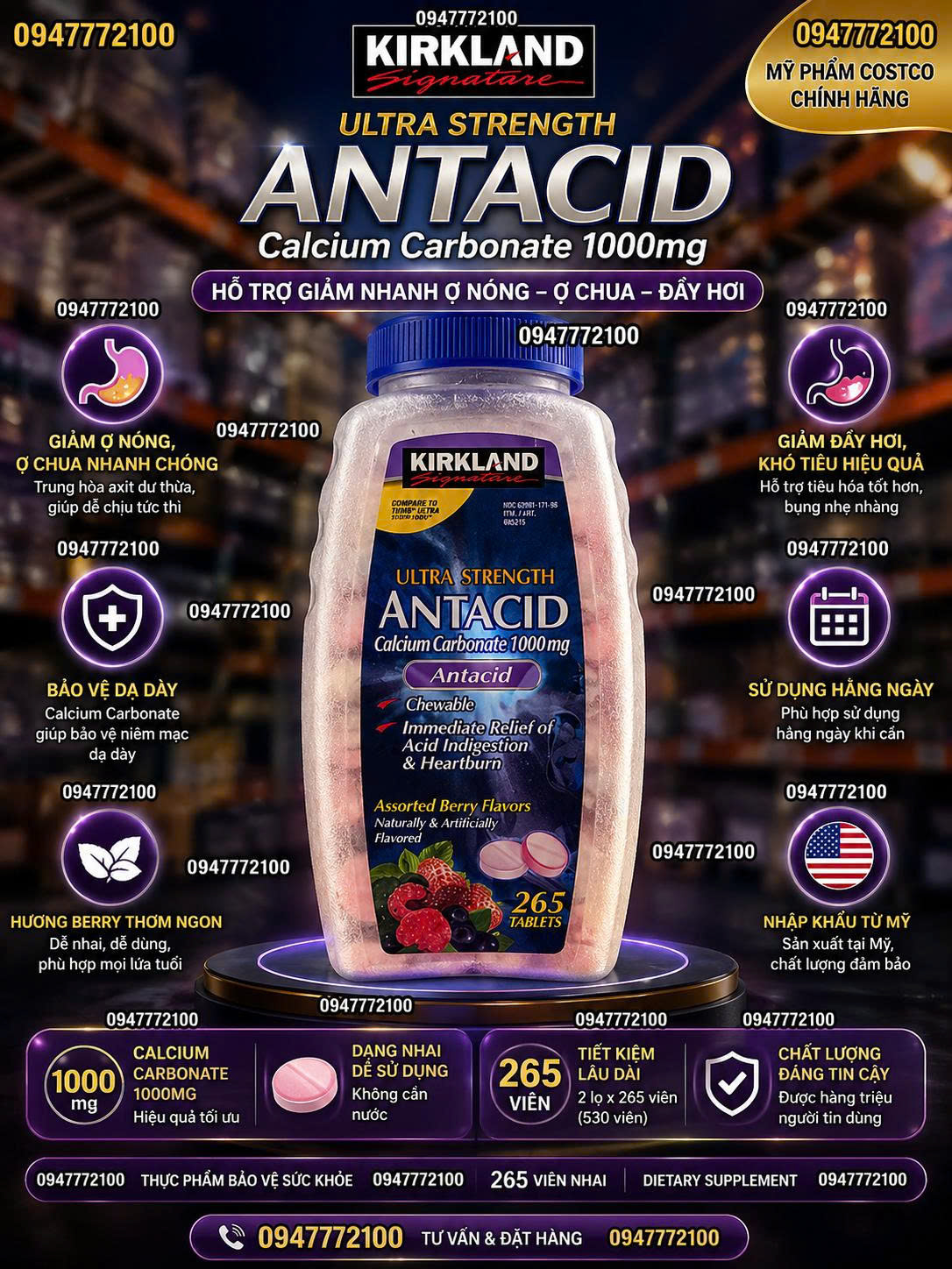 Viên Nhai Kirkland Signature Ultra Strength Antacid 1000mg - Cắt Cơn Đau Dạ Dày, Ợ Chua Tức Thì (265 Viên)