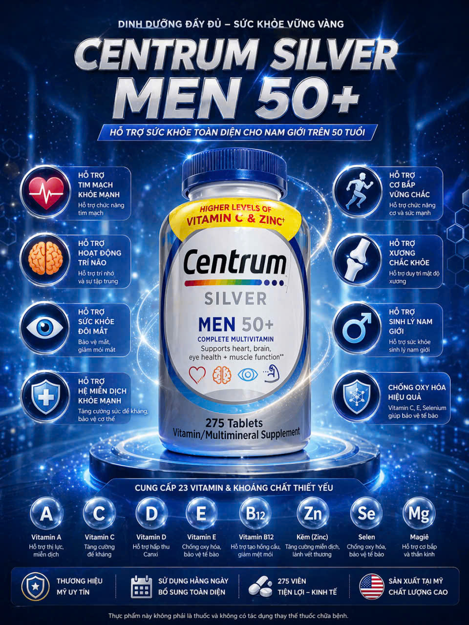 [CHÍNH HÃNG MỸ] Vitamin Tổng Hợp Cho Nam Giới Centrum Silver Men 50+ – Hộp 275 Viên