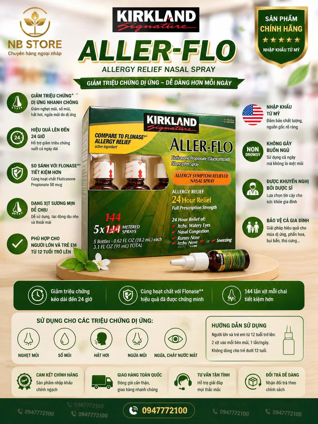 Xịt Mũi Hỗ Trợ Dị Ứng Kirkland Aller-Flo - Giải Pháp 24 Giờ Cho Viêm Xoang & Dị Ứng (Lốc 5 Chai)