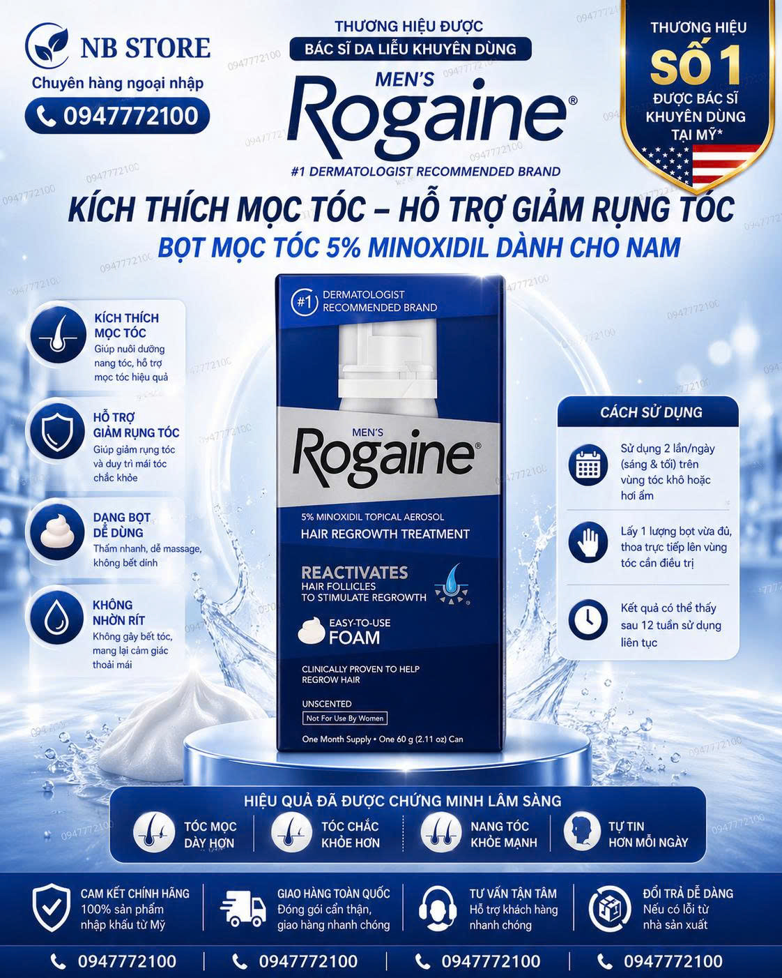 1 chai Men's Rogaine 5% Minoxidil Foam - Giải Pháp Phục Hồi Tóc Thưa, Kích Thích Mọc Tóc Cho Nam Giới