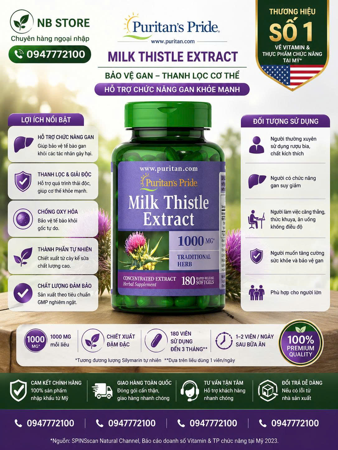 Bổ Gan Puritan's Pride Milk Thistle Extract 1000mg - Giải Pháp Thải Độc & Bảo Vệ Gan Toàn Diện (180 Viên)