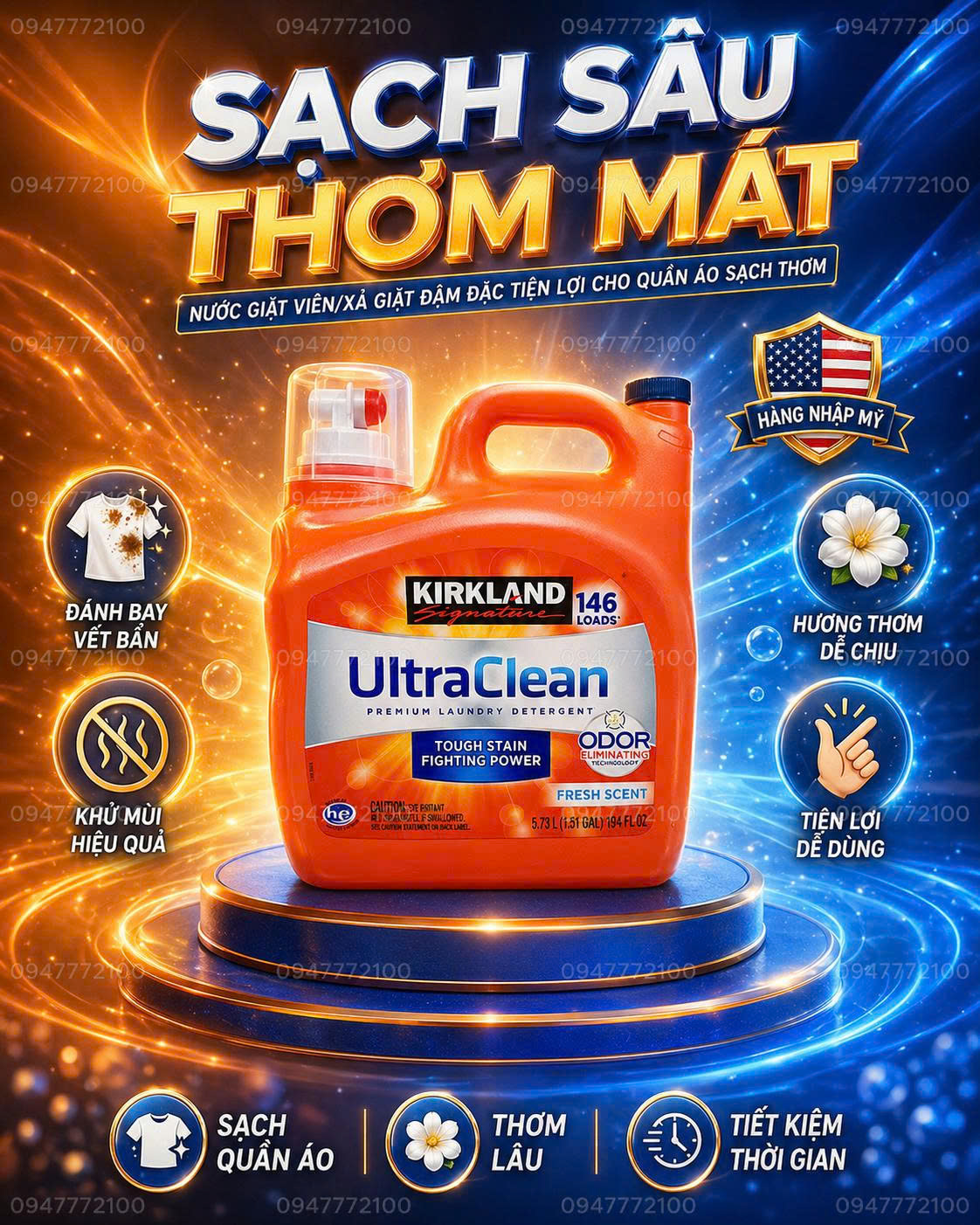 Kirkland Signature UltraClean Premium Laundry Detergent – Nước giặt đậm đặc Fresh Scent 5.73L / 146 lần giặt