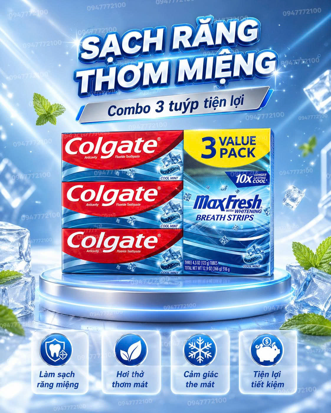 [CHÍNH HÃNG MỸ] Kem Đánh Răng Colgate MaxFresh With Whitening Breath Strips – Combo 3 Tuýp Siêu Tiết Kiệm