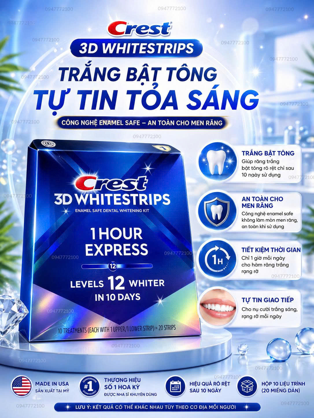 LEVEL 12 -28 Miếng dán trắng răng Crest 3D Whitestrips 1 Hour Express (Hộp 20 miếng) HÀNG MỸ