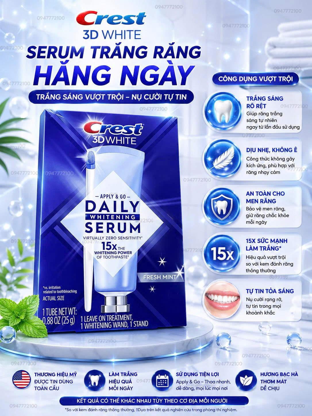 [CHÍNH HÃNG MỸ] Serum Trắng Răng Crest 3D White Daily Whitening Serum – Trắng Sáng Gấp 15 Lần