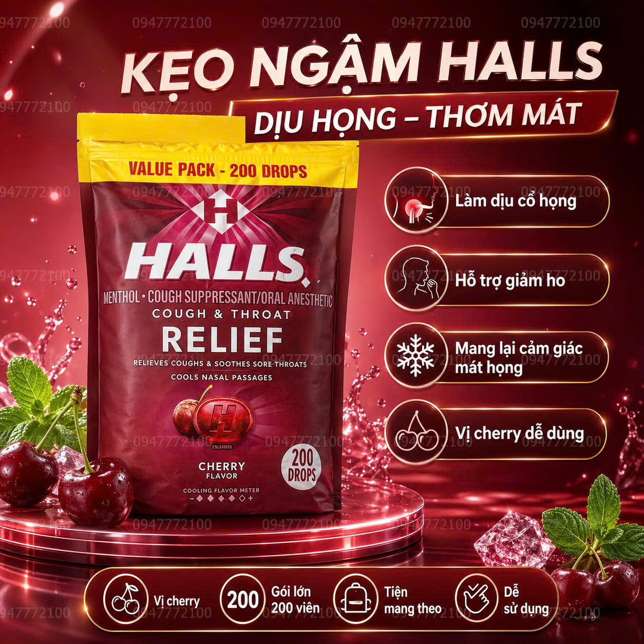 [CHÍNH HÃNG MỸ] Kẹo Ngậm Halls Relief Cherry Flavor – Giảm Ho & Dịu Họng Tức Thì (200 Viên)