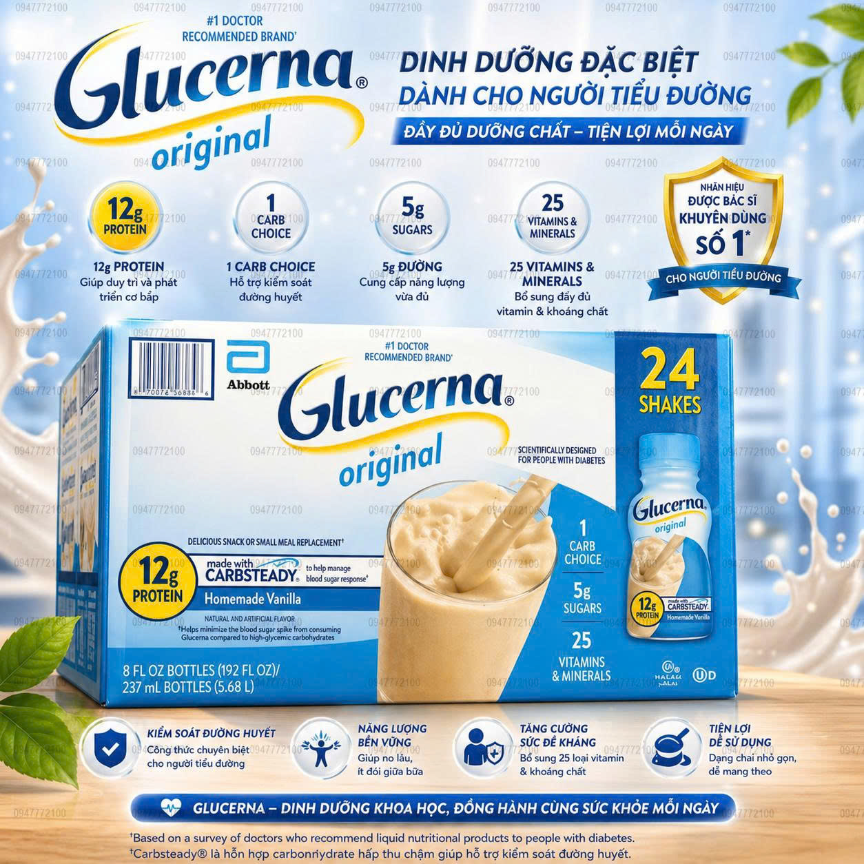 [CHÍNH HÃNG MỸ] Sữa Nước Glucerna Original – Giải Pháp Dinh Dưỡng Chuyên Biệt Cho Người Tiểu Đường (Thùng 24 Chai)