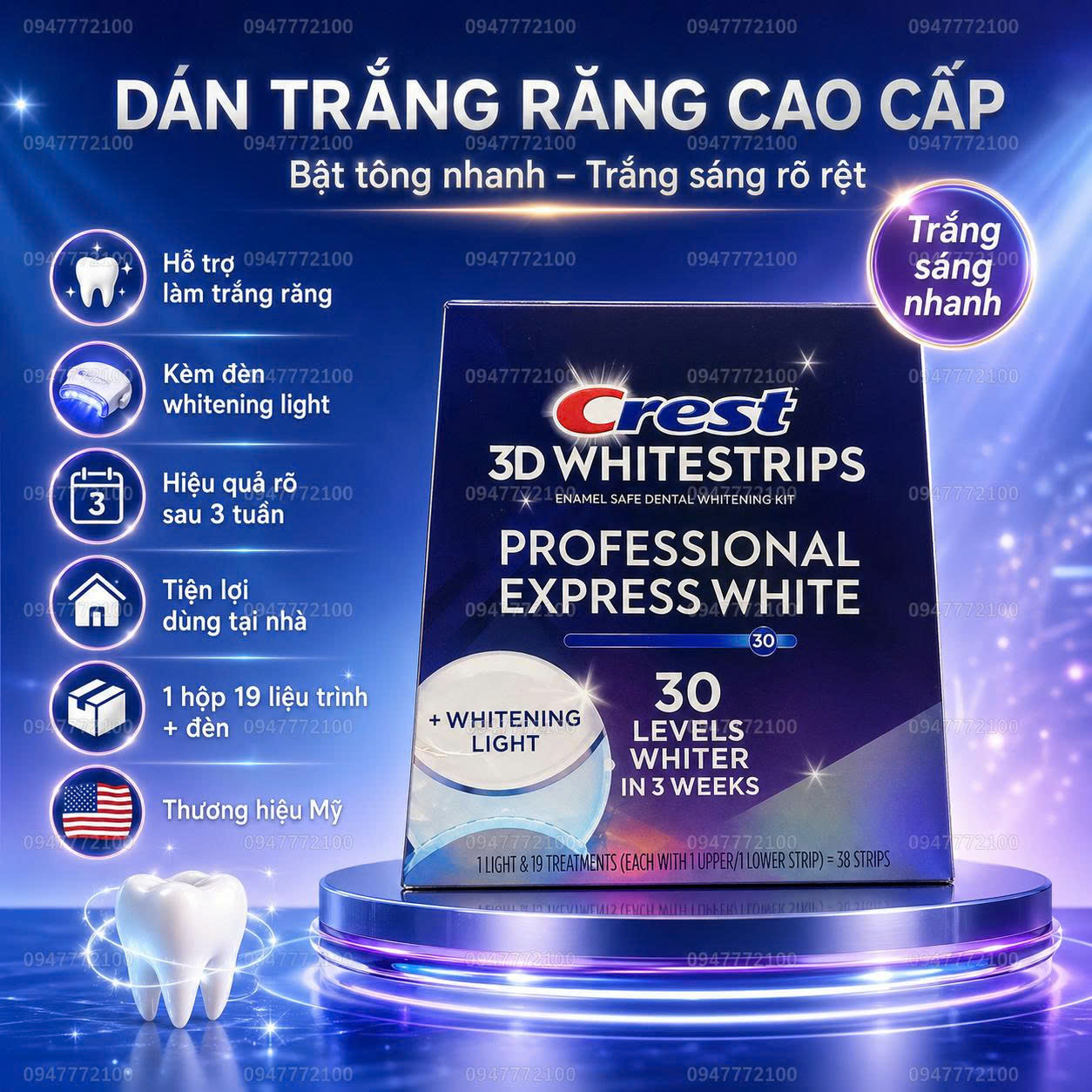 ĐÈN VÀ 38 Miếng dán trắng răng Crest 3D Whitestrips Sensitive & Gentle + Whitening Light