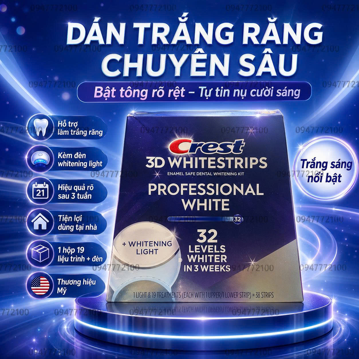 ĐÈN VÀ 38 Miếng dán trắng răng Crest 3D Whitestrips Professional White + Whitening Light (32 Levels)