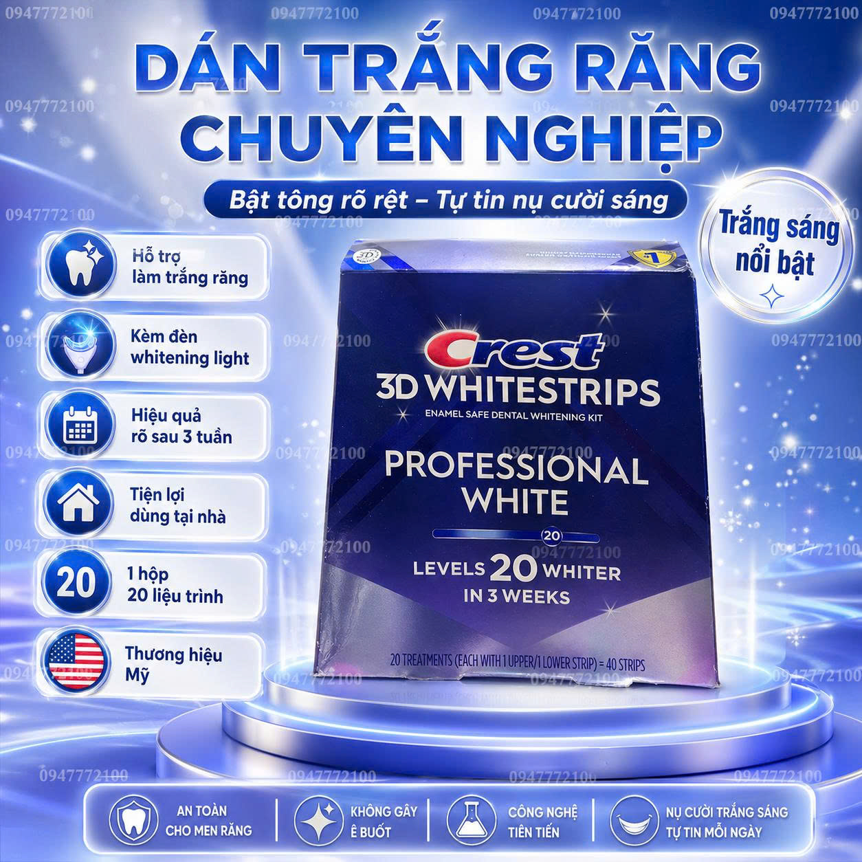 40 Miếng dán trắng răng Crest 3D Whitestrips Professional White (20 Levels)
