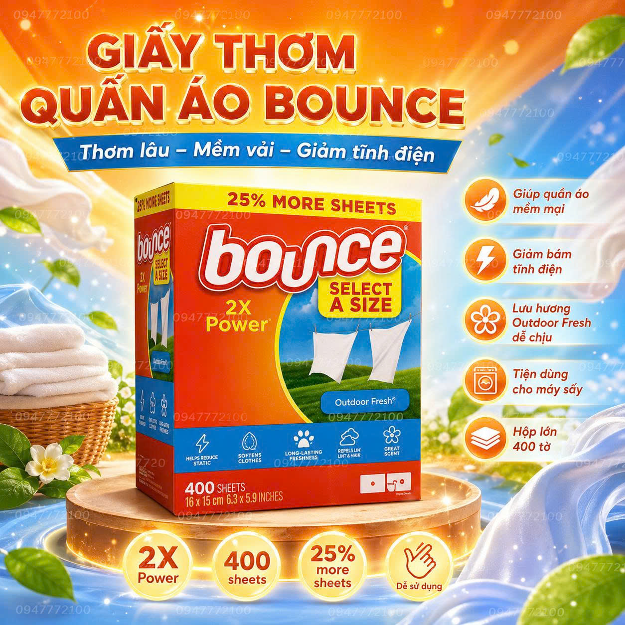 [CHÍNH HÃNG MỸ] Giấy Thơm Quần Áo Bounce Select A Size 2X Power – Hộp 400 Tờ Tiết Kiệm