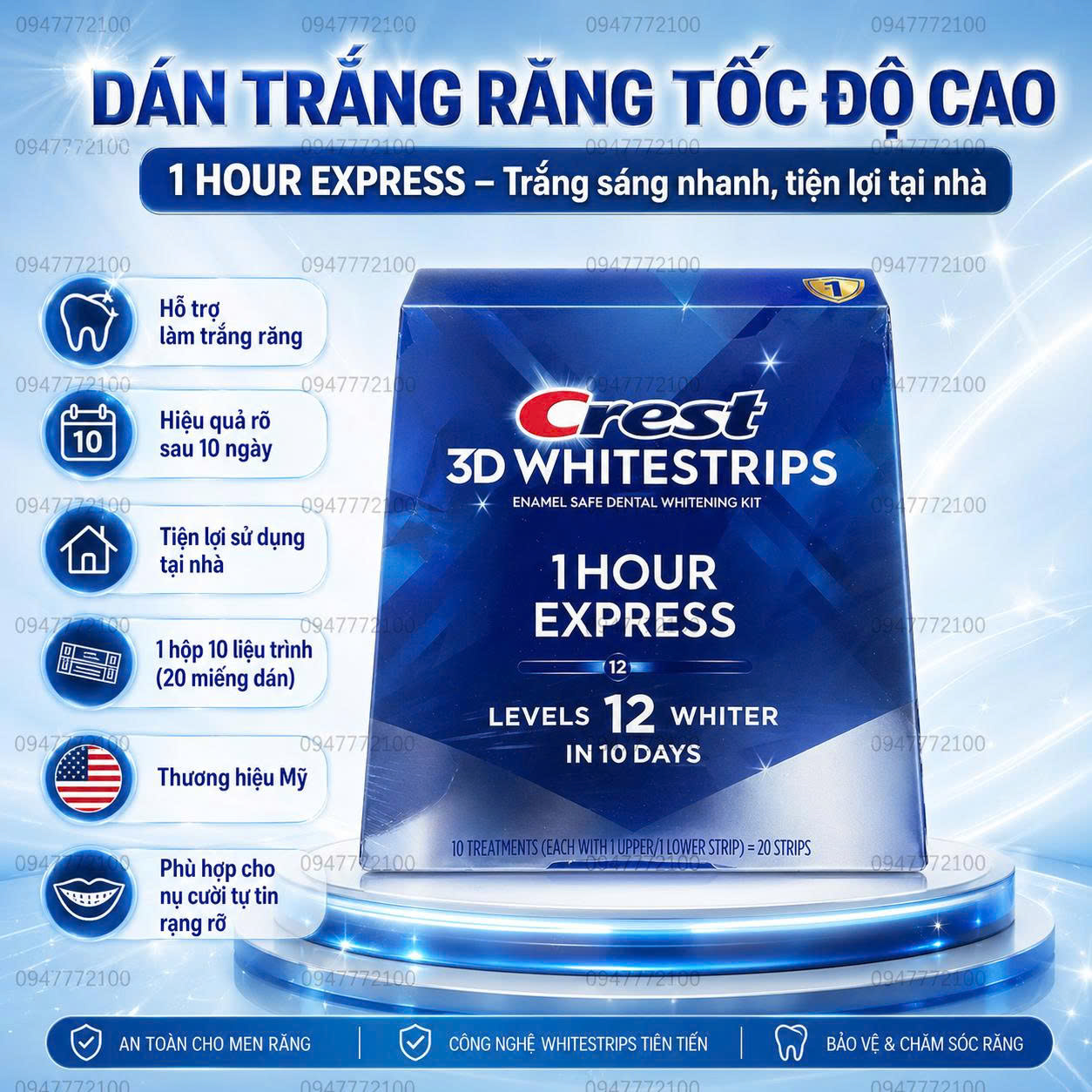 Miếng dán trắng răng Crest 3D Whitestrips 20 miếng – 1 Hour Express