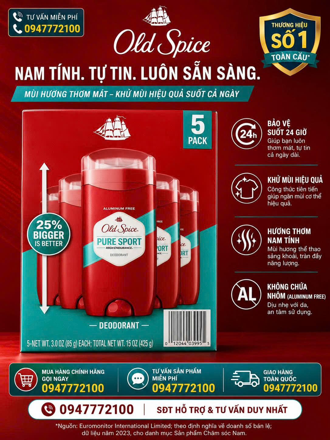 [CHÍNH HÃNG MỸ] Lăn Khử Mùi Old Spice Pure Sport High Endurance – Bộ 5 Cây Tiết Kiệm