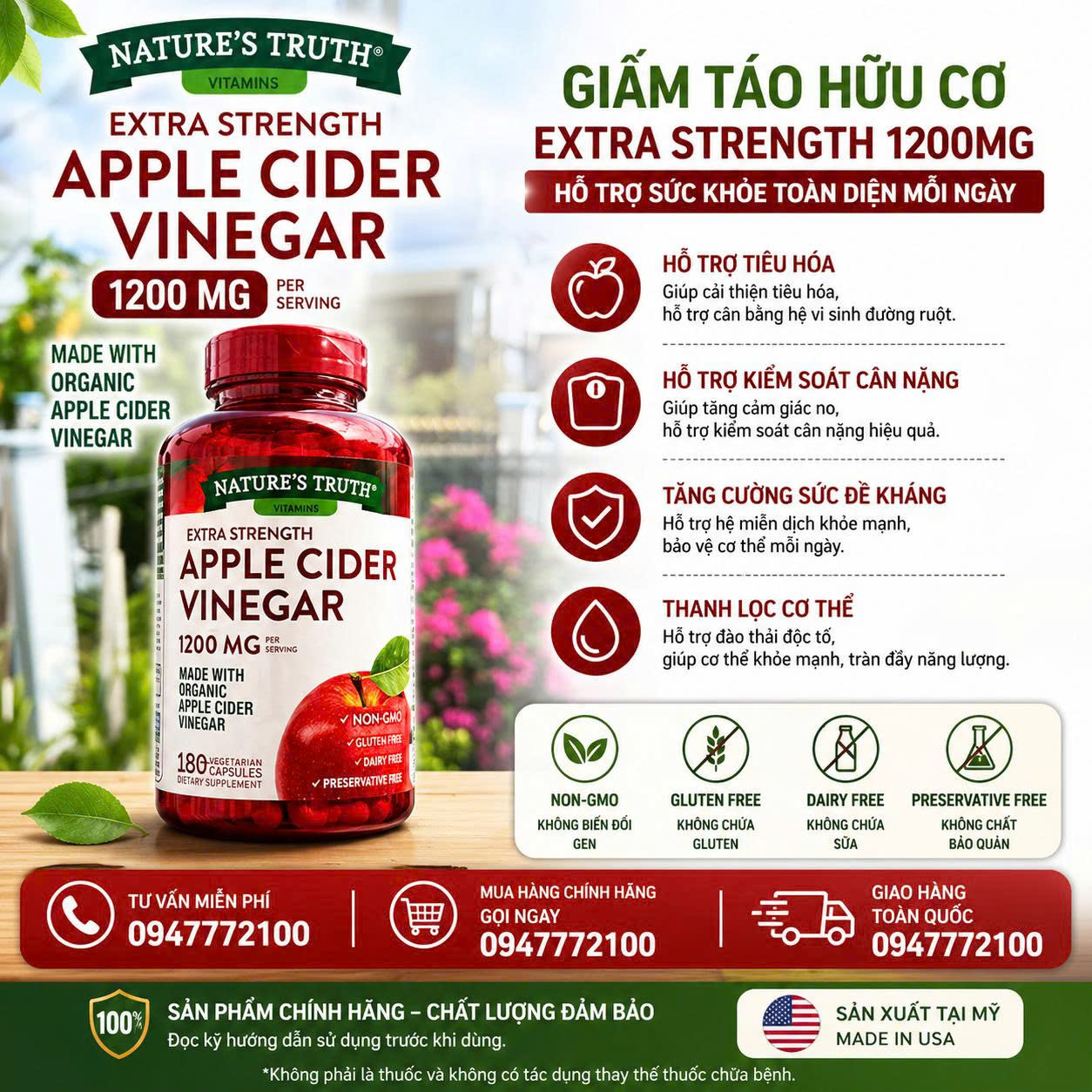 [CHÍNH HÃNG MỸ] Viên Uống Giấm Táo Nature's Truth Apple Cider Vinegar 1200mg 180 VIÊN