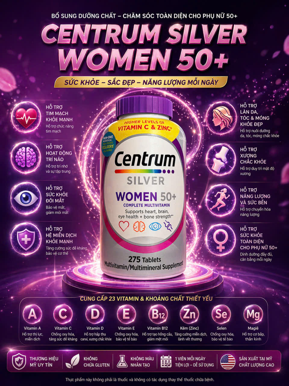 [CHÍNH HÃNG MỸ] Vitamin Tổng Hợp Cho Nữ Trên 50 Tuổi Centrum Silver Women 50+ – Hộp 275 Viên