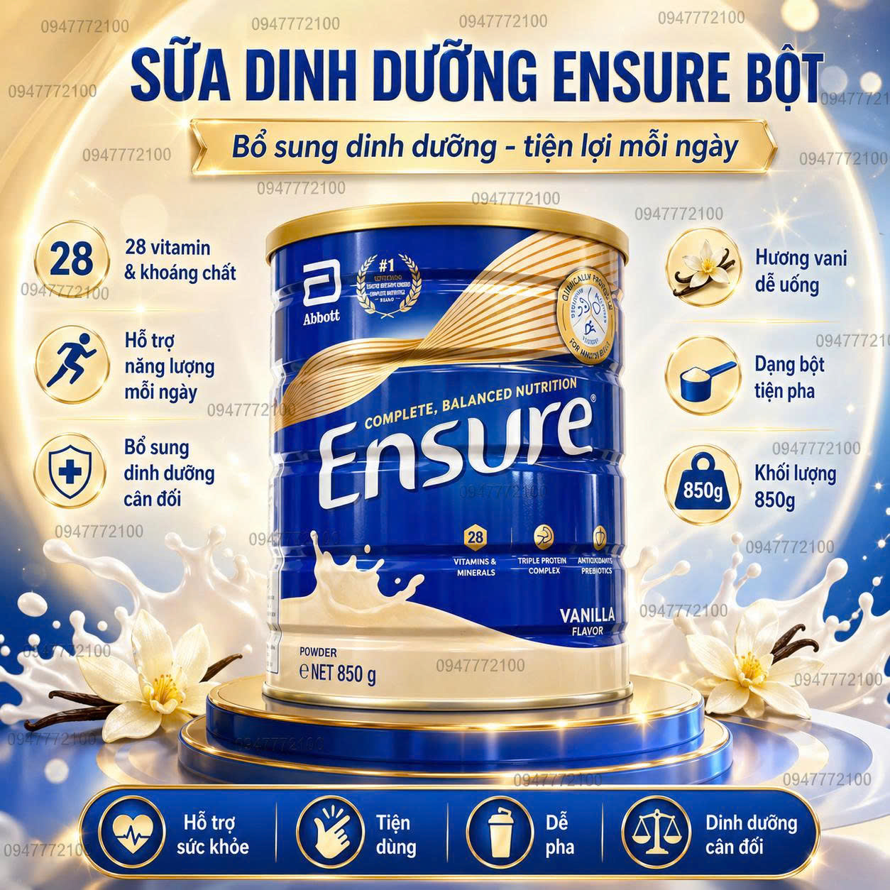 Sữa Ensure Úc loại 850g. Sữa Bột Ensure Complete, Balanced Nutrition Hương Vanilla – Lon 850g