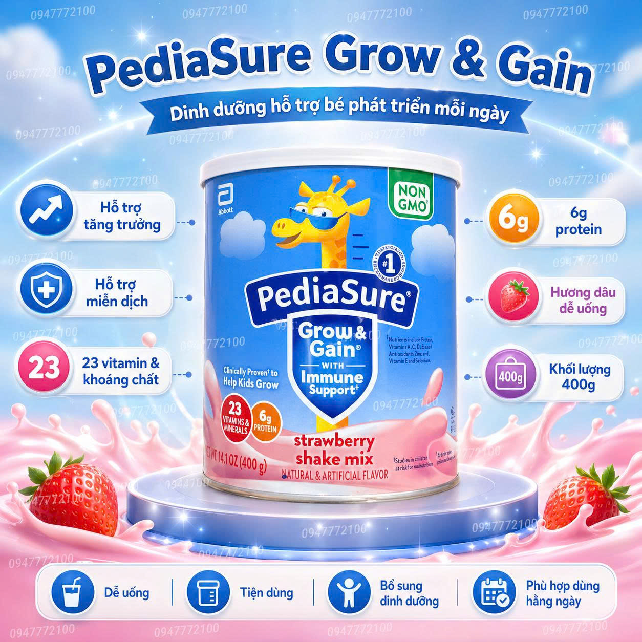 [CHÍNH HÃNG MỸ] Sữa Bột PediaSure Grow & Gain Hương Dâu – Lon 400g