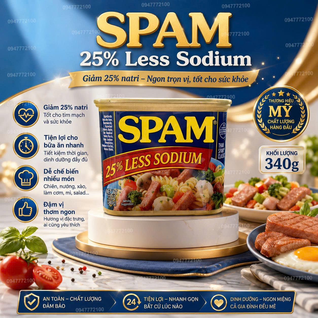 [CHÍNH HÃNG MỸ] Thịt Hộp SPAM 25% Less Sodium – Hộp 340g