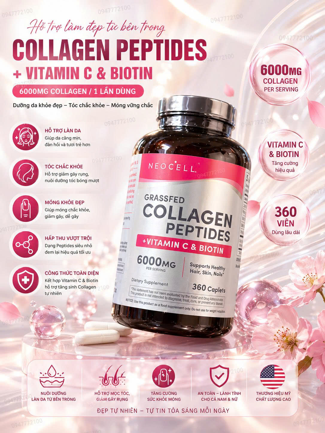 [CHÍNH HÃNG MỸ] 360 Viên Uống Collagen Thủy Phân NeoCell Grassfed Collagen Peptides + Vitamin C & Biotin