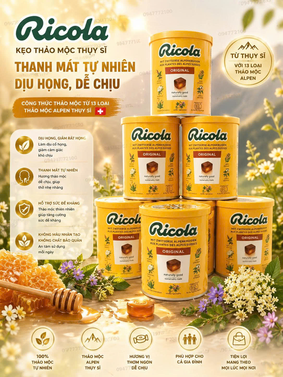 [CHÍNH HÃNG THUỴ SỸ] Kẹo Thảo Mộc Ricola Original Herb – Lon 250g