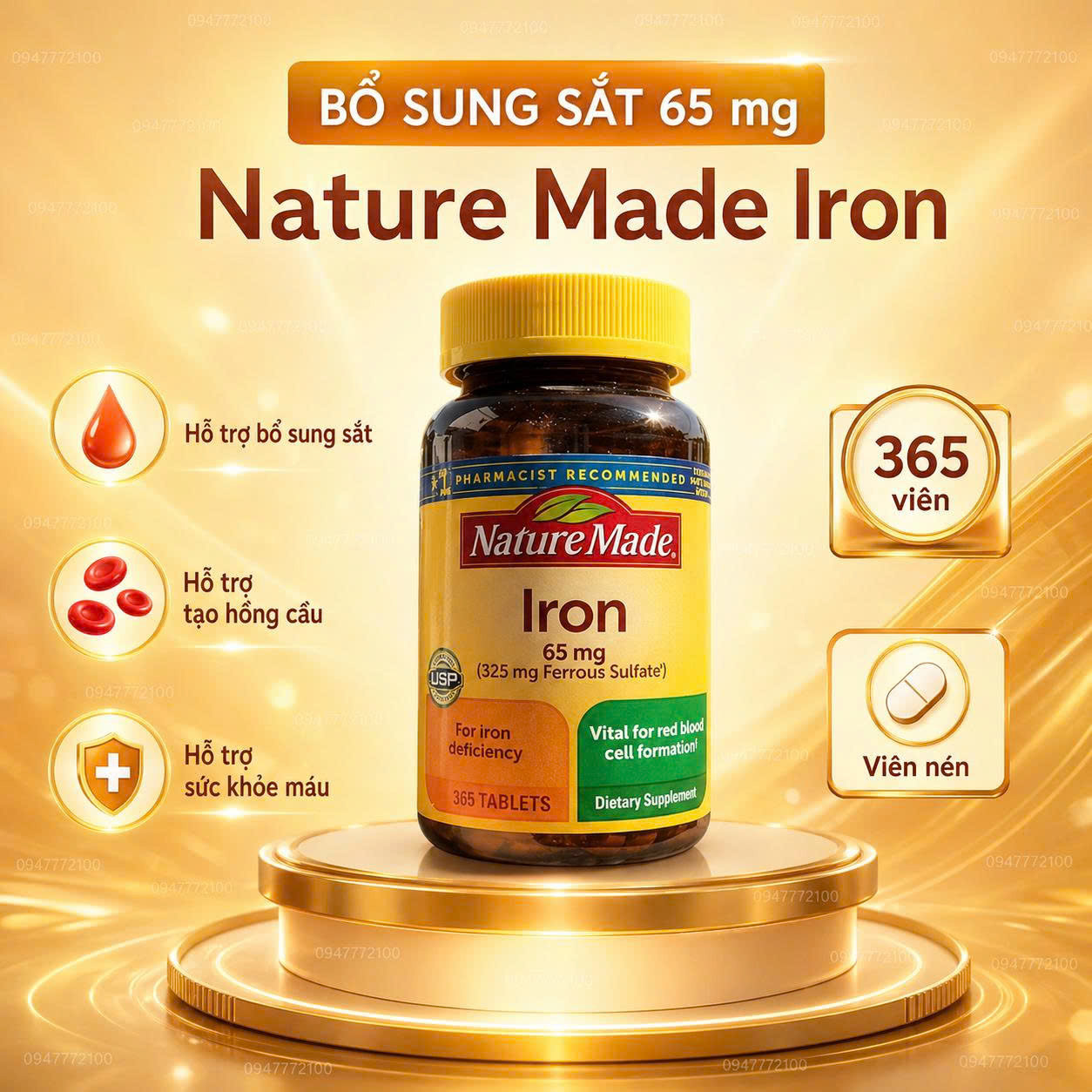 [CHÍNH HÃNG MỸ] Viên Uống Bổ Sung Sắt Nature Made Iron 65mg – Hộp 365 Viên