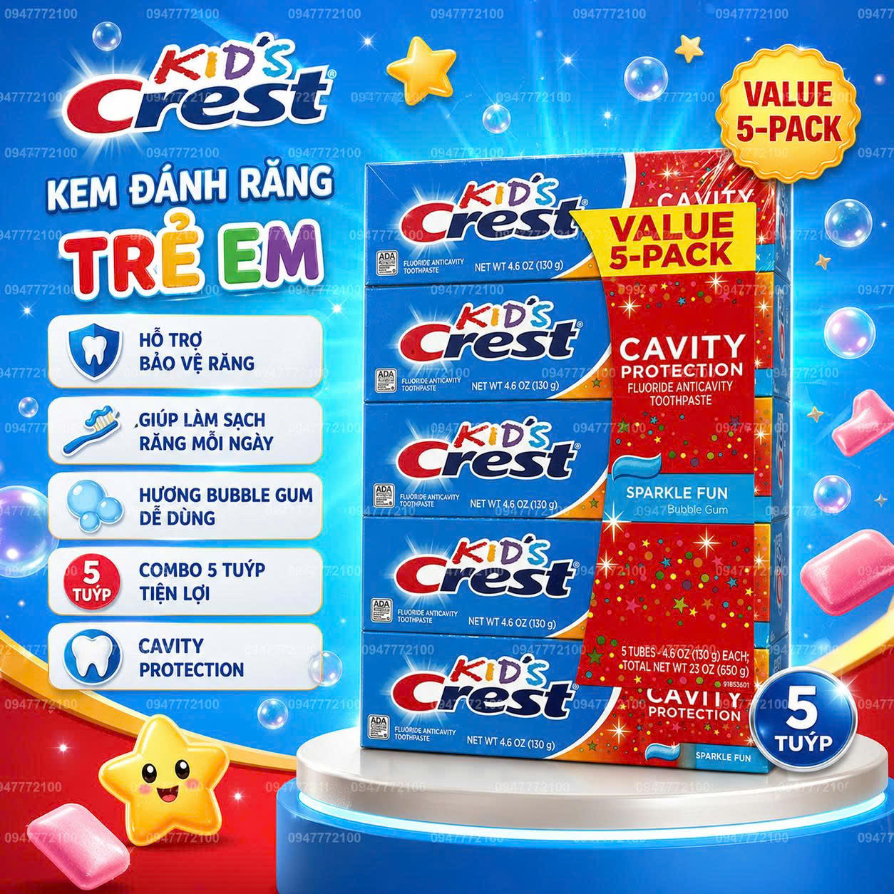 Bộ 5 Tuýp Kem Đánh Răng Trẻ Em Kid's Crest Cavity Protection Sparkle Fun