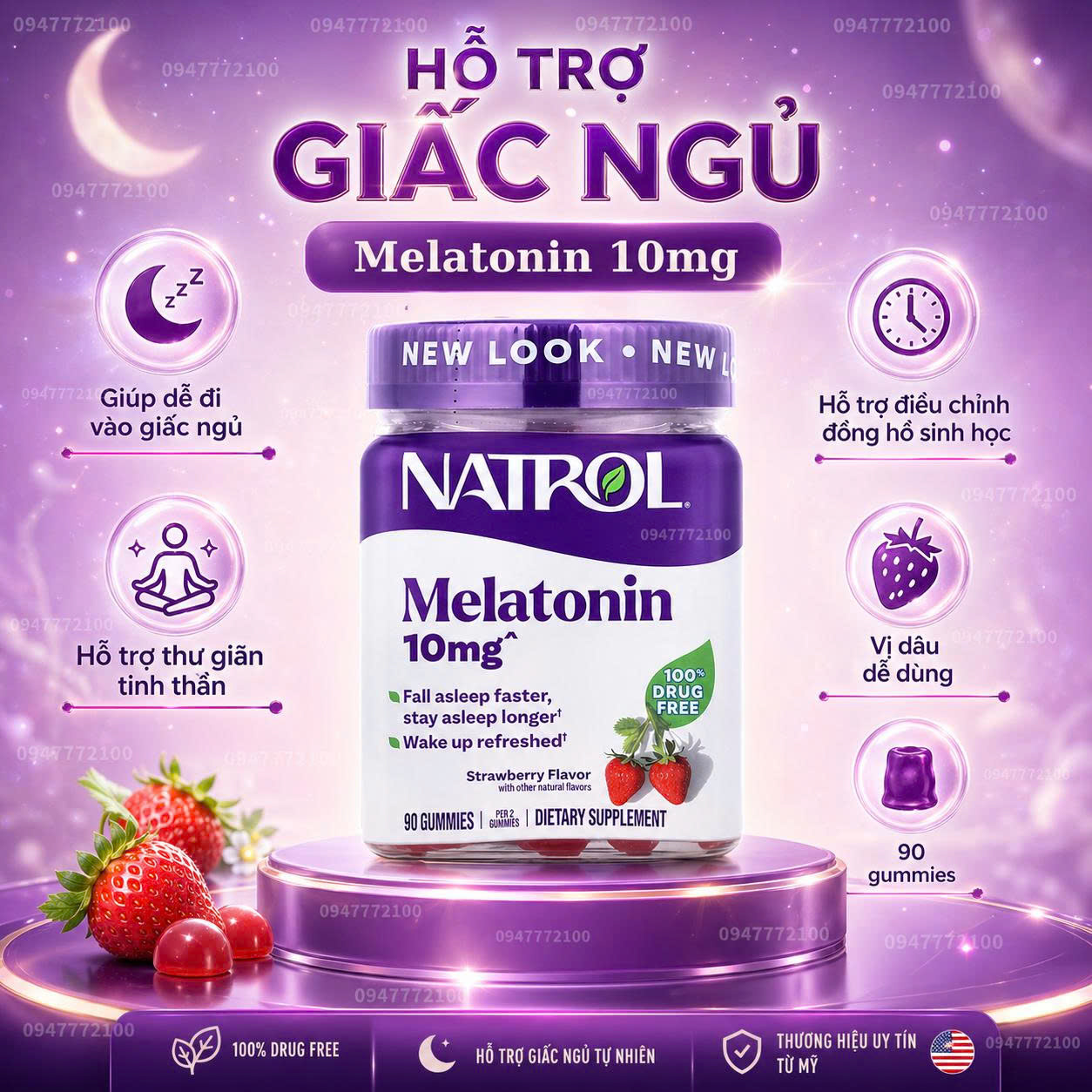 Kẹo Dẻo Hỗ Trợ Giấc Ngủ Natrol Melatonin 10mg 90 viên Strawberry Flavor
