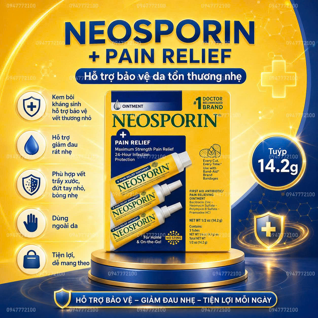 set 3 tuyp Kem mỡ sát khuẩn và giảm sẹo Neosporin Original Oitment